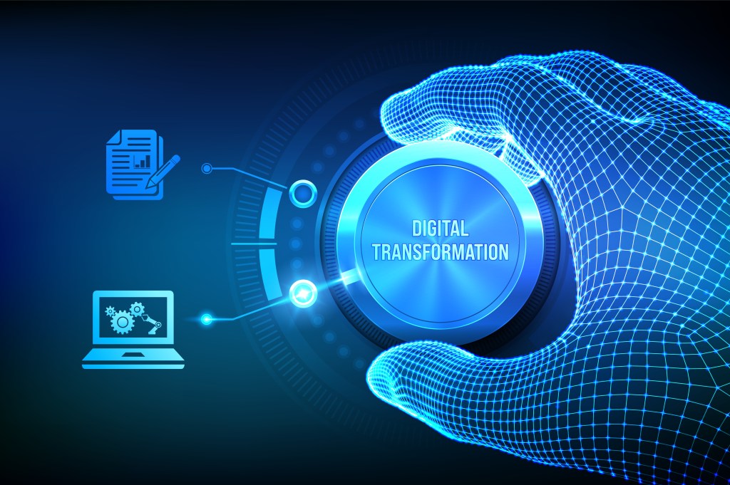 Digital transformation. Digitization of business processes and modern technology. Wireframe hand turning a knob and selecting digital mode. Digitalization of analog data concept