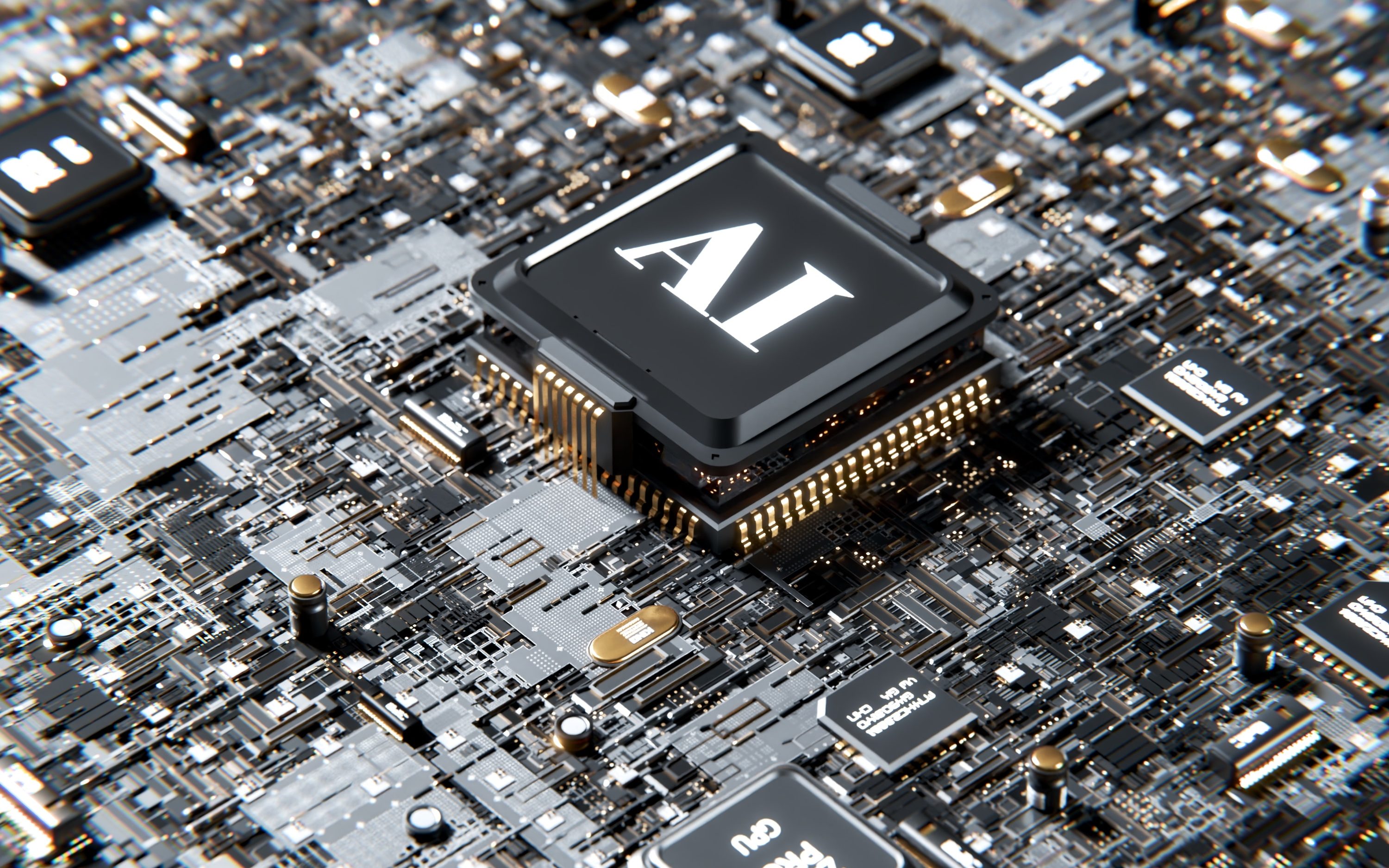 Symbolic representation of AI integration in computing: A CPU with the letters 'AI' in a central role