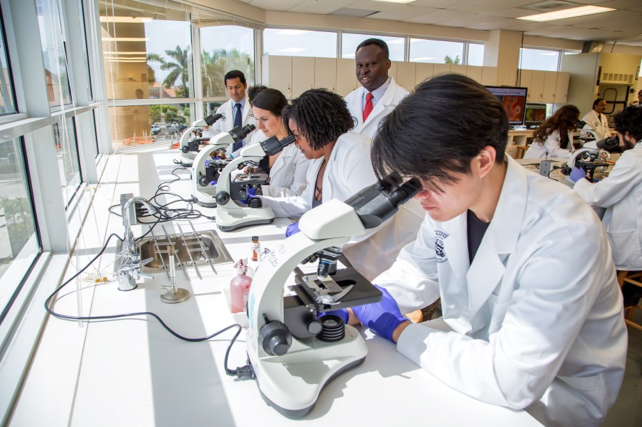 Image of students in the SMU Microbiology lab.